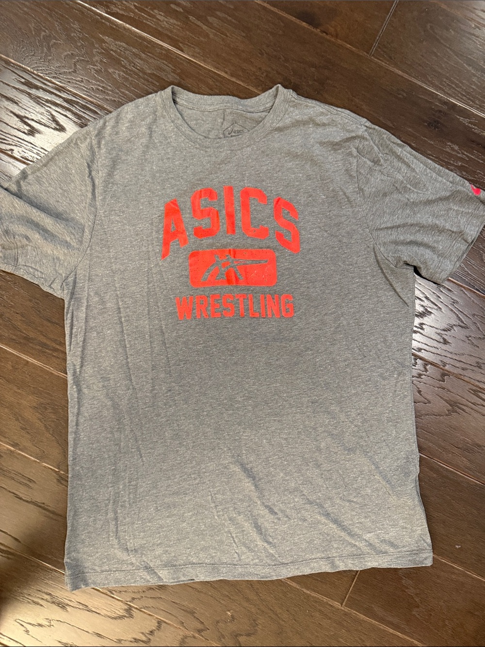 Asics Gray Tee with Red Wrestling Graphic